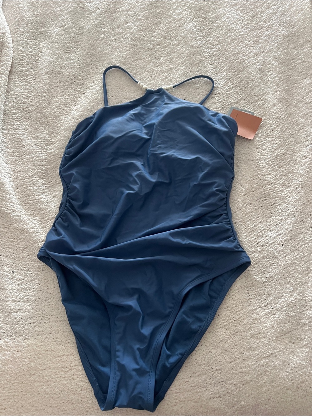 Shade & Shore Blue Halter One-Piece Swimsuit with Beaded Neckline